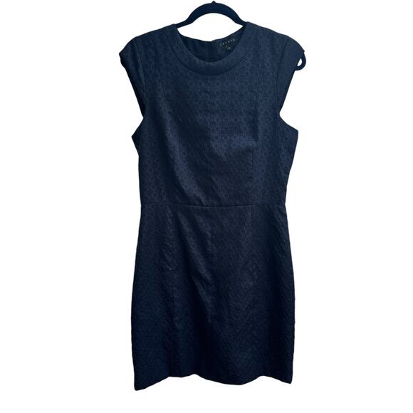 Theory Embroidered Navy Blue Cap Sleeve Dress Size 10 Textured Formal Dressy - Picture 1 of 11